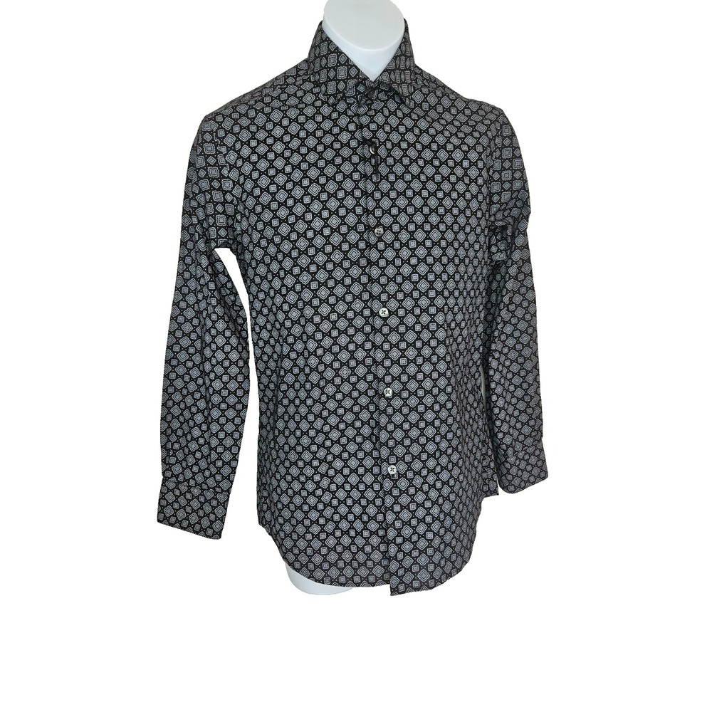 DKNY Boys Skinny Fit Shirt Size 12 Black White Geometric Dress Shirt Long Sleeve